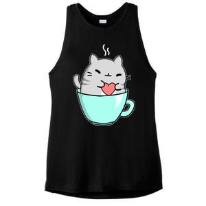 Cute Cat Coffee Lover Gift Ladies PosiCharge Tri-Blend Wicking Tank