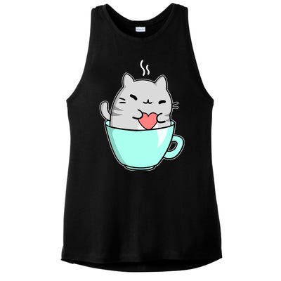 Cute Cat Coffee Lover Gift Ladies PosiCharge Tri-Blend Wicking Tank