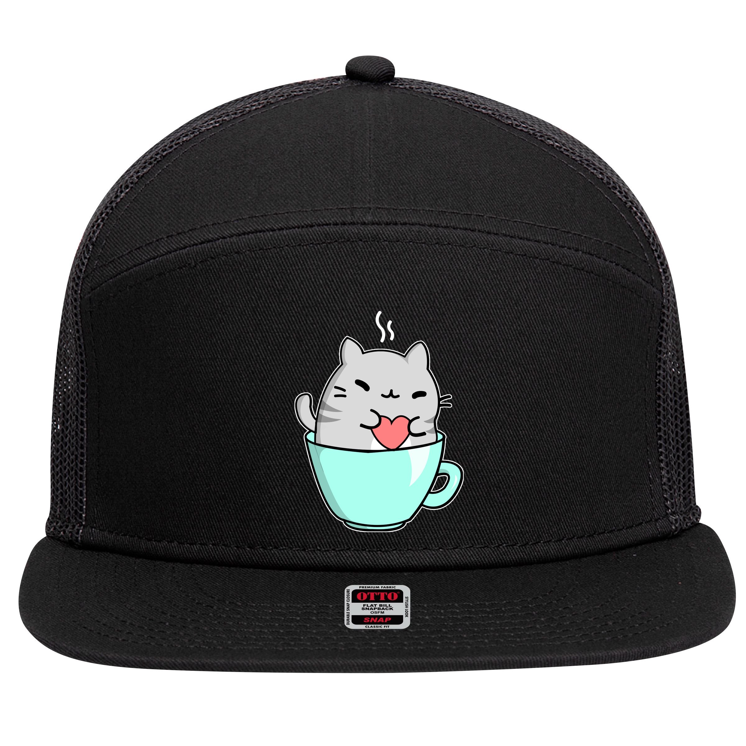 Cute Cat Coffee Lover Gift 7 Panel Mesh Trucker Snapback Hat