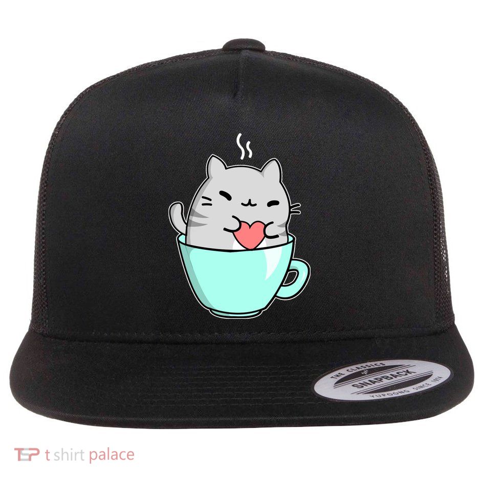 Cute Cat Coffee Lover Gift Flat Bill Trucker Hat