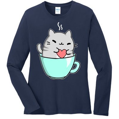 Cute Cat Coffee Lover Gift Ladies Long Sleeve Shirt