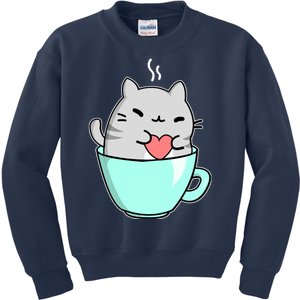 Cute Cat Coffee Lover Gift Kids Sweatshirt