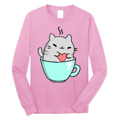 Cute Cat Coffee Lover Gift Long Sleeve Shirt