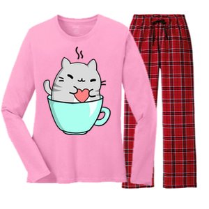 Cute Cat Coffee Lover Gift Women's Long Sleeve Flannel Pajama Set 