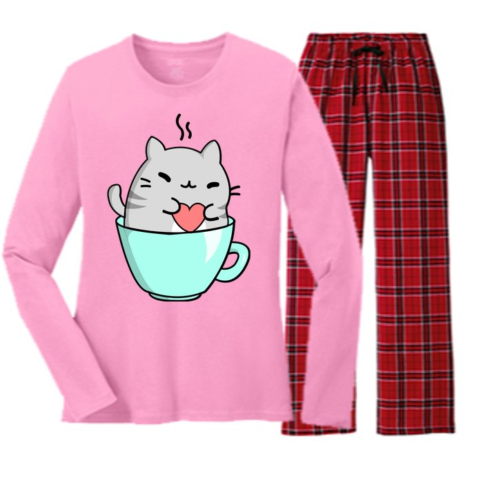 Cute Cat Coffee Lover Gift Women's Long Sleeve Flannel Pajama Set 