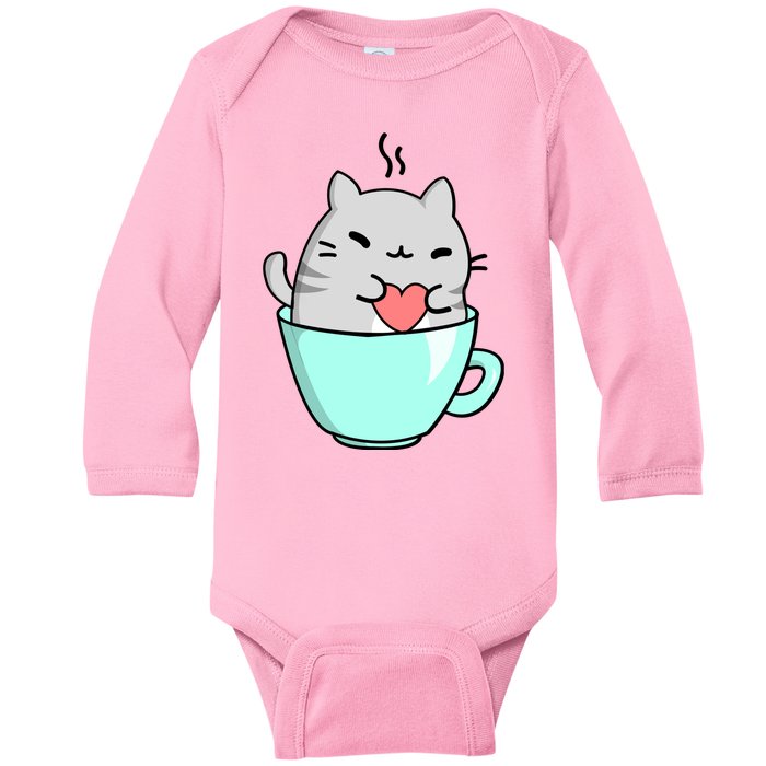 Cute Cat Coffee Lover Gift Baby Long Sleeve Bodysuit