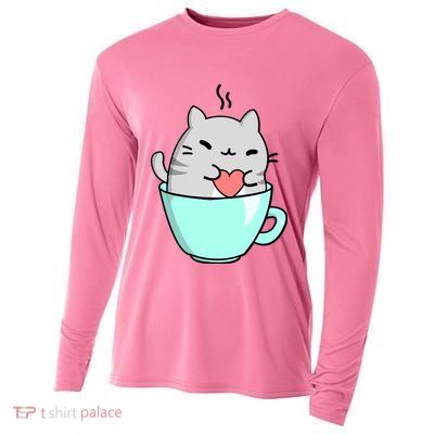 Cute Cat Coffee Lover Gift Cooling Performance Long Sleeve Crew