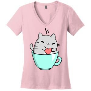 Cute Cat Coffee Lover Gift Women's V-Neck T-Shirt