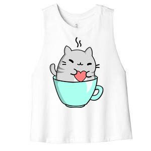 Cute Cat Coffee Lover Gift Women's Racerback Cropped Tank