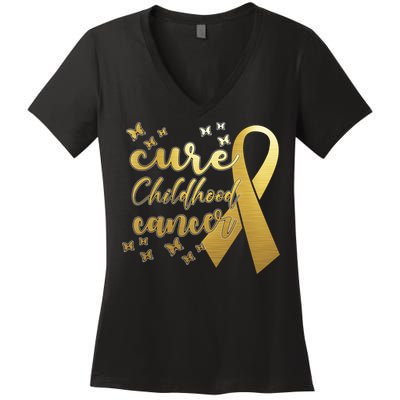 Cure Childhood Cancer Butterflies Ribbon Women's V-Neck T-Shirt