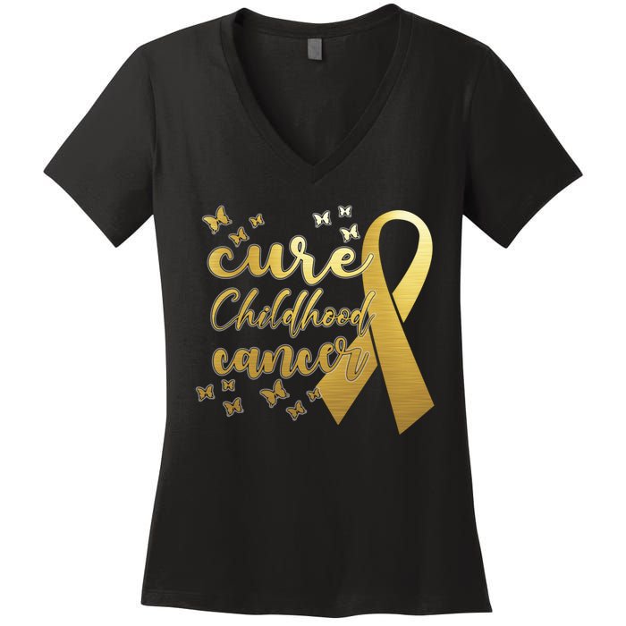 Cure Childhood Cancer Butterflies Ribbon Women's V-Neck T-Shirt