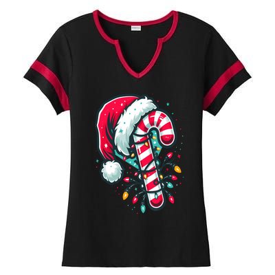 Candy Cane Crew Christmas Lights Family Matching Xmas Ladies Halftime Notch Neck Tee