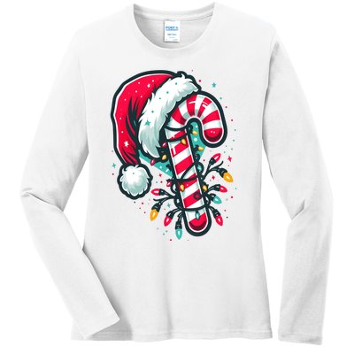 Candy Cane Crew Christmas Lights Family Matching Xmas Ladies Long Sleeve Shirt