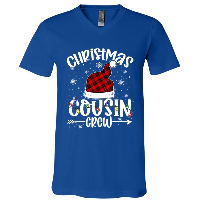 Christmas Cousin Crew Xmas Light Santa Hat Buffalo Red Plaid Gift V-Neck T-Shirt