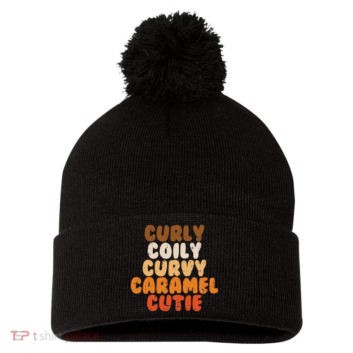 Curly Curvy Caramel Cutie Melanin Goddess Black Pride Gift Pom Pom 12in Knit Beanie