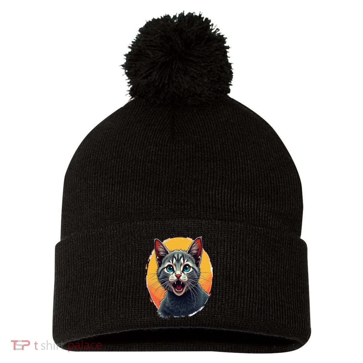 Cursed Cat Cement Eater Meme Pom Pom 12in Knit Beanie