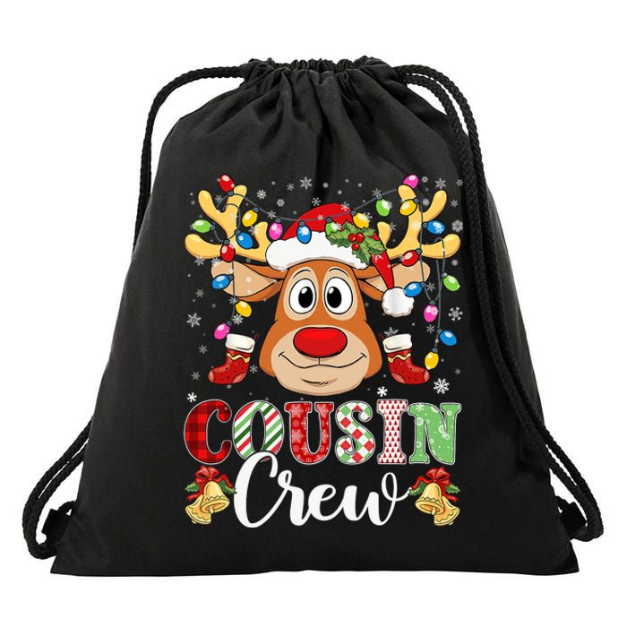 Christmas Cousin Crew Reindeer Santa Hat Lights Teens Drawstring Bag