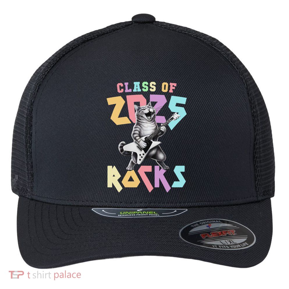 Cute Cat Class Of 2025 Rocks Graduation Signature Autographs Flexfit Unipanel Trucker Cap