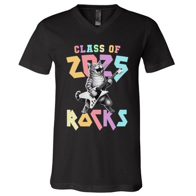 Cute Cat Class Of 2025 Rocks Graduation Signature Autographs V-Neck T-Shirt