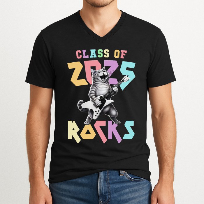 Cute Cat Class Of 2025 Rocks Graduation Signature Autographs V-Neck T-Shirt