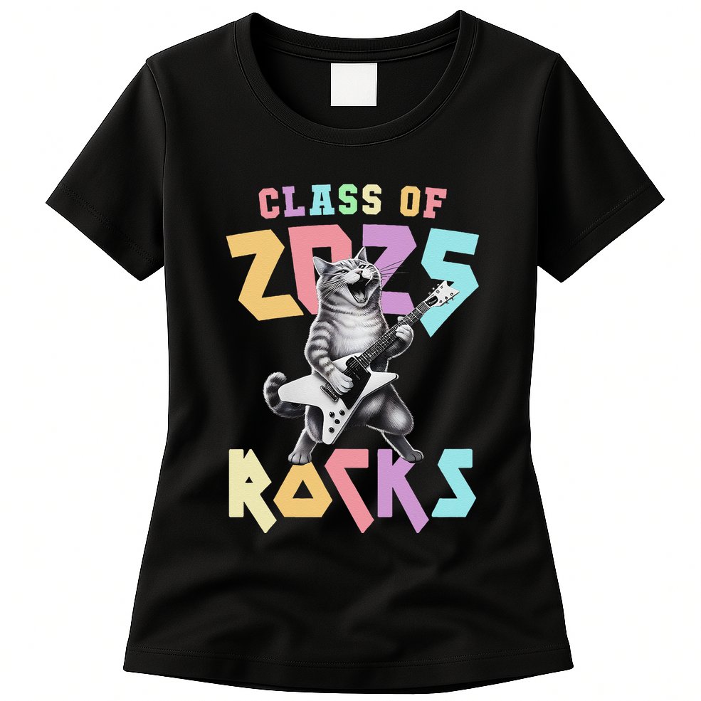 Cute Cat Class Of 2025 Rocks Graduation Signature Autographs Womens T-Shirt