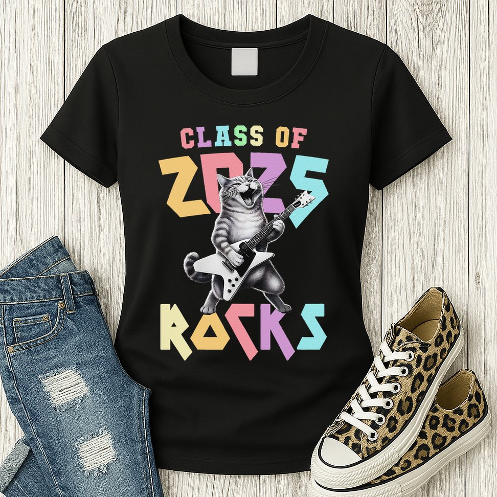 Cute Cat Class Of 2025 Rocks Graduation Signature Autographs Womens T-Shirt