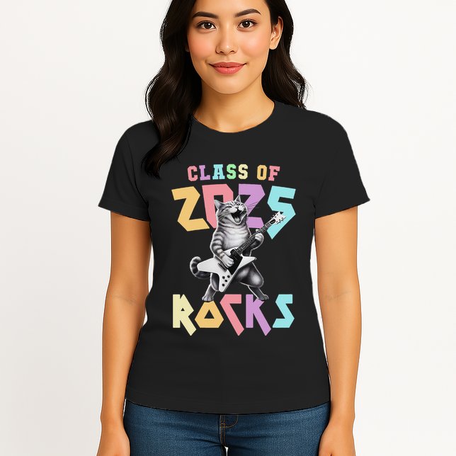 Cute Cat Class Of 2025 Rocks Graduation Signature Autographs Womens T-Shirt