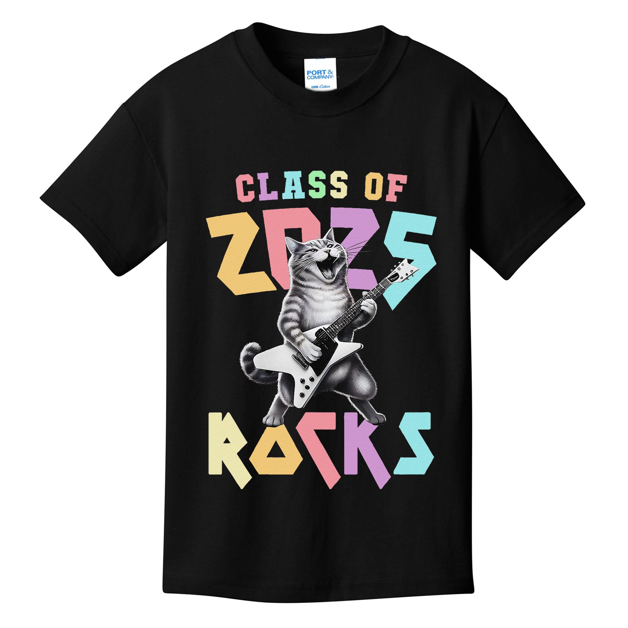 Cute Cat Class Of 2025 Rocks Graduation Signature Autographs Kids T-Shirt