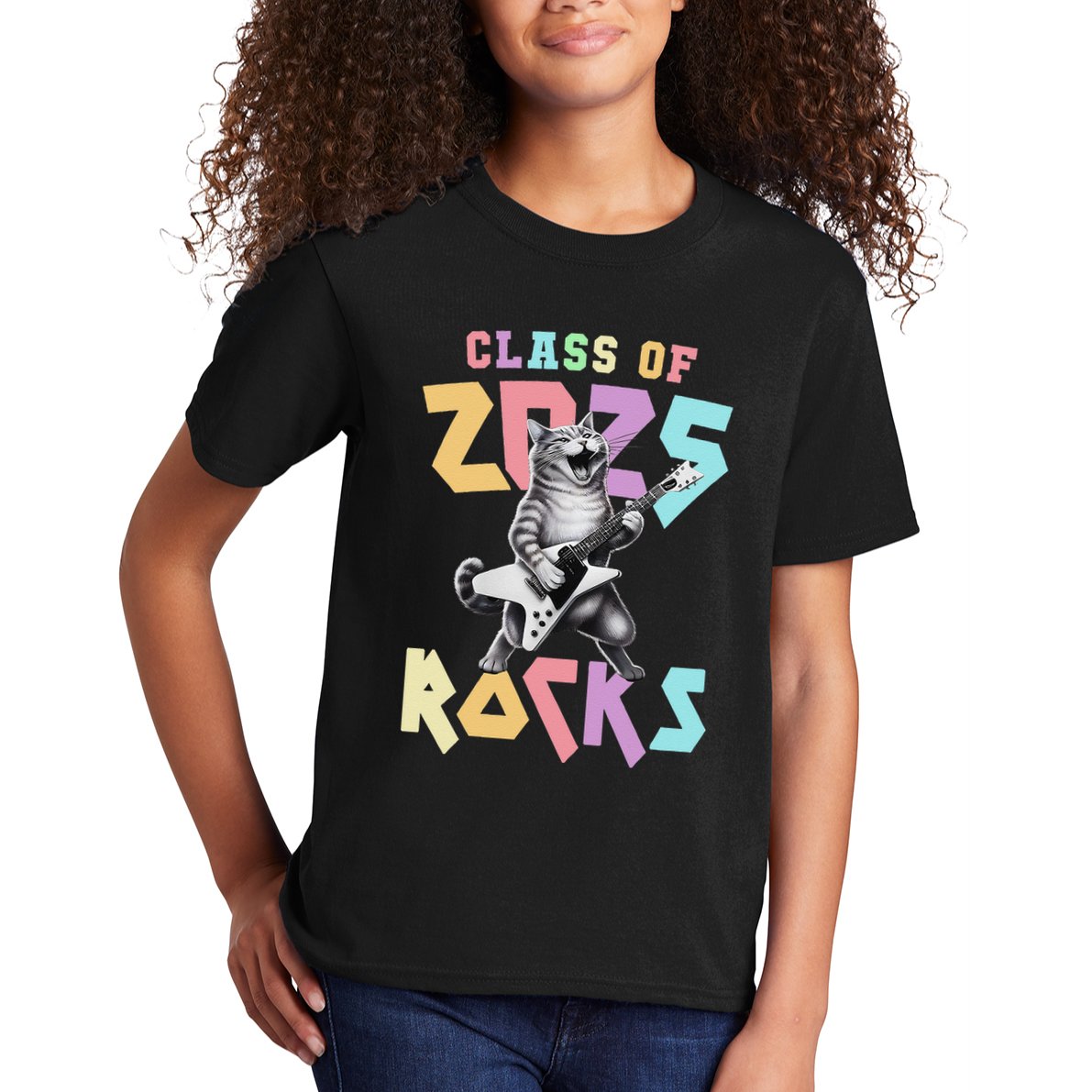 Cute Cat Class Of 2025 Rocks Graduation Signature Autographs Kids T-Shirt