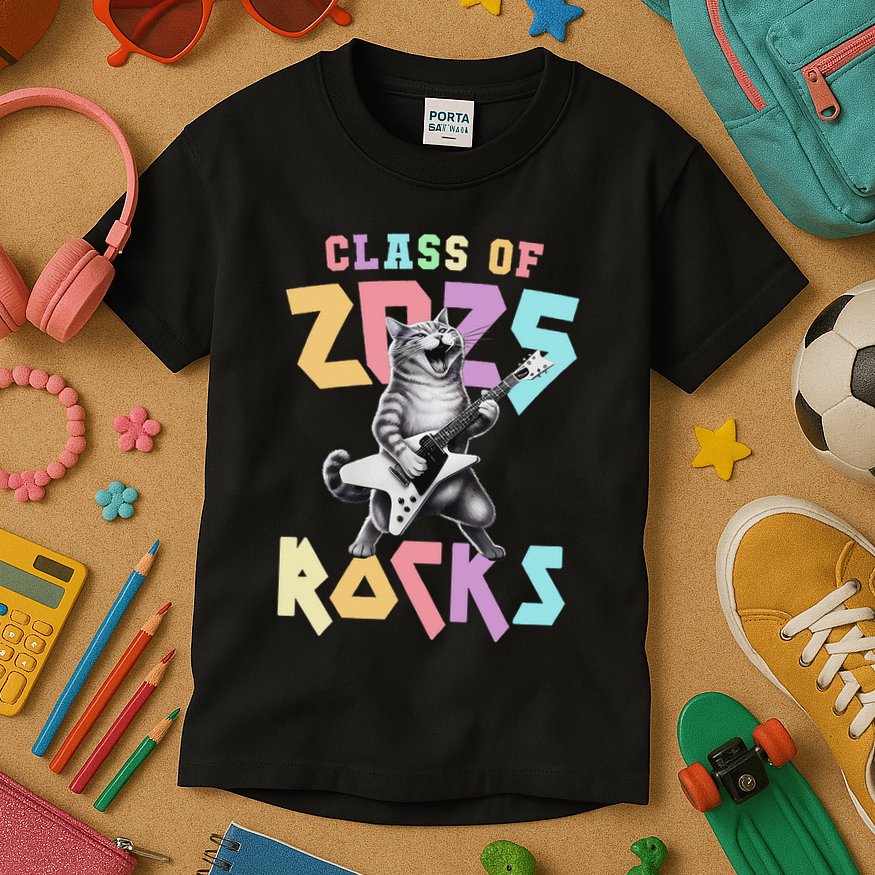 Cute Cat Class Of 2025 Rocks Graduation Signature Autographs Kids T-Shirt