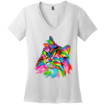 Cute Colorful Cat Painting Women's V-Neck T-Shirt