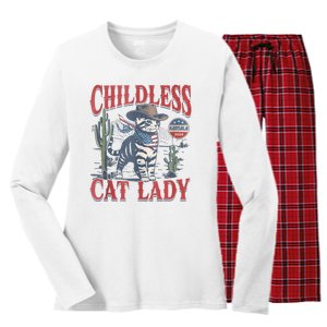 Cowboy Cat Childless Cat Lady For Kamala Election Voting Women's Long Sleeve Flannel Pajama Set 