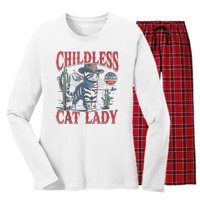 Cowboy Cat Childless Cat Lady For Kamala Election Voting Women's Long Sleeve Flannel Pajama Set 