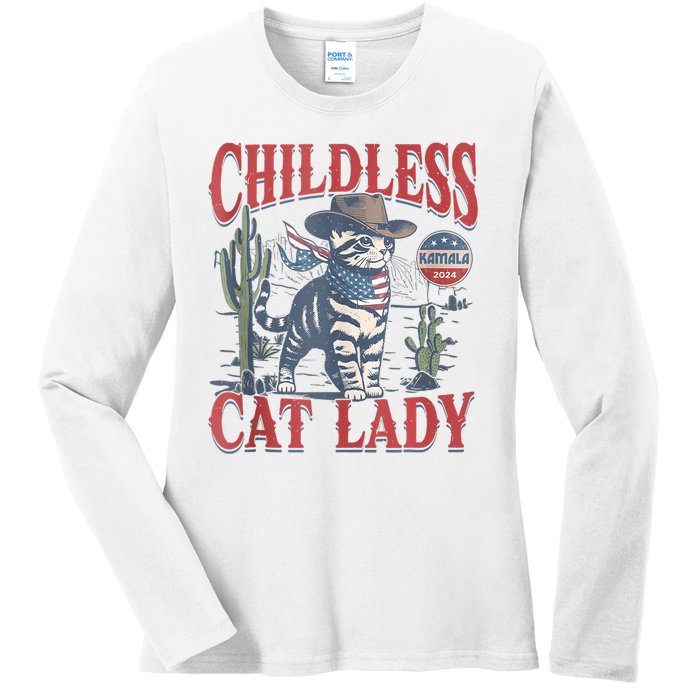 Cowboy Cat Childless Cat Lady For Kamala Election Voting Ladies Long Sleeve Shirt