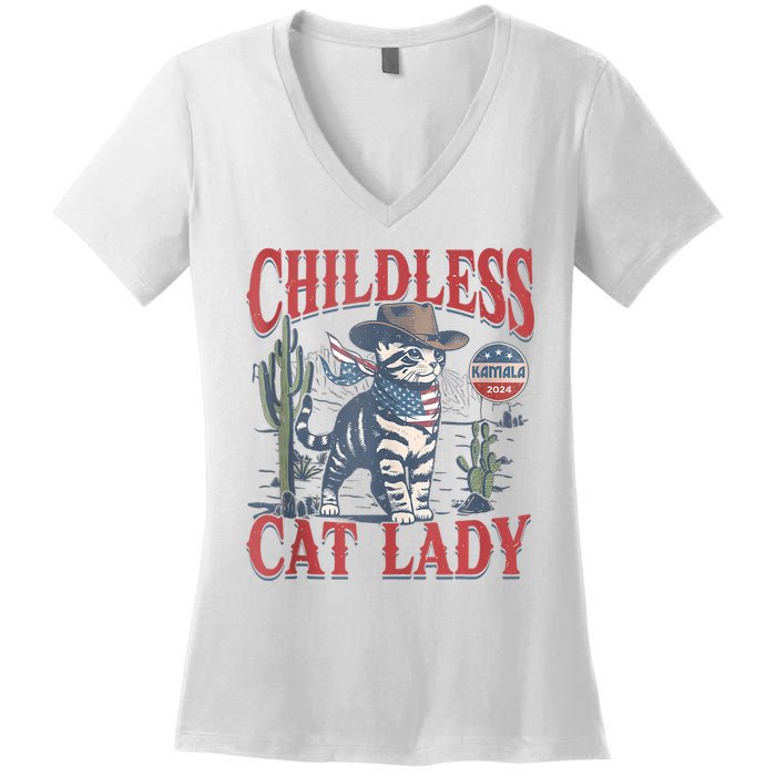 Cowboy Cat Childless Cat Lady For Kamala Election Voting Women's V-Neck T-Shirt