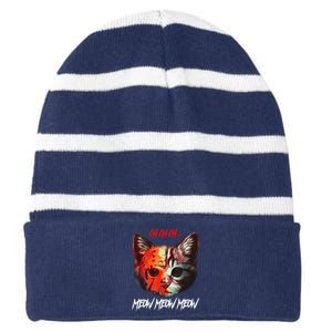 Ch Ch Ch Meow Meow Meow Scary Halloween Cat Funny Striped Beanie with Solid Band