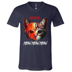 Ch Ch Ch Meow Meow Meow Scary Halloween Cat Funny V-Neck T-Shirt