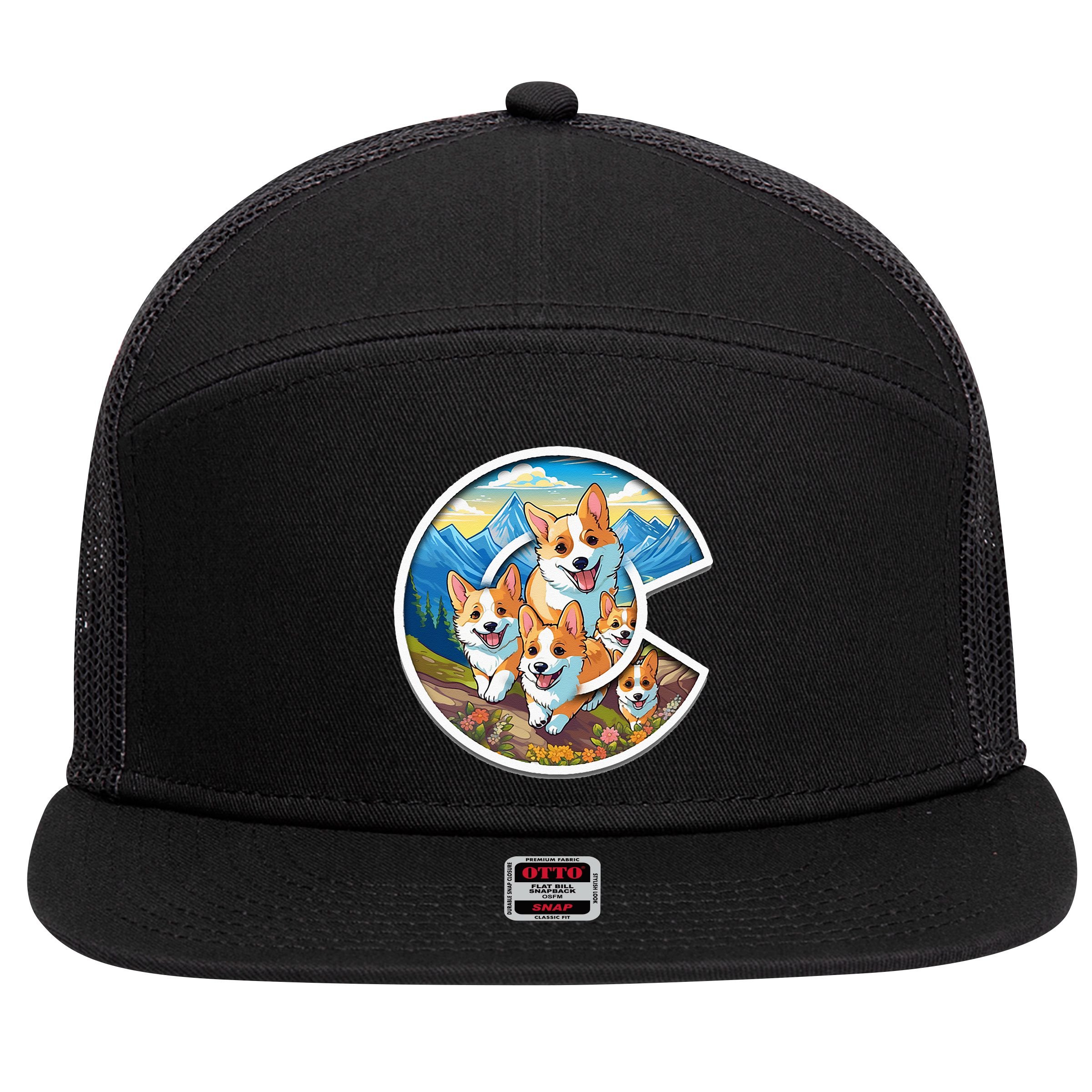 Colorado Corgi Cute Dog in the Rocky Mountains 7 Panel Mesh Trucker Snapback Hat