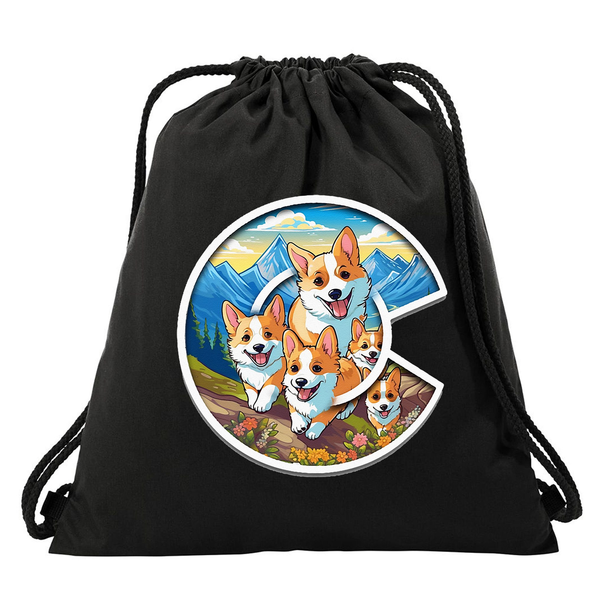 Colorado Corgi Cute Dog in the Rocky Mountains Drawstring Bag