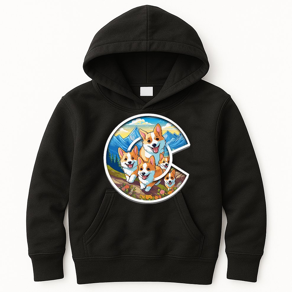 Colorado Corgi Cute Dog in the Rocky Mountains Kids Hoodie