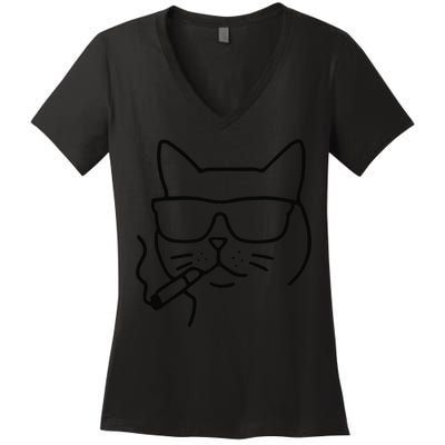 Cool Carthusian Cat With Cigarette And Sunglasses Women's V-Neck T-Shirt