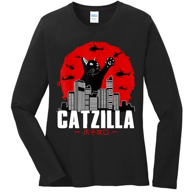 Catzilla Cute Cat Stuff For Cat Lover, Cat Mom, Cat Dad Ladies Long Sleeve Shirt