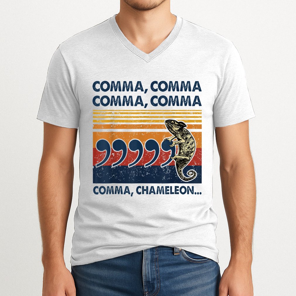 Comma Comma Chameleon Funny Grammar English Teacher V-Neck T-Shirt