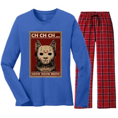 Ch Ch Ch Meow Meow Scary Halloween Cat Horror Slasher Movie Women's Long Sleeve Flannel Pajama Set 