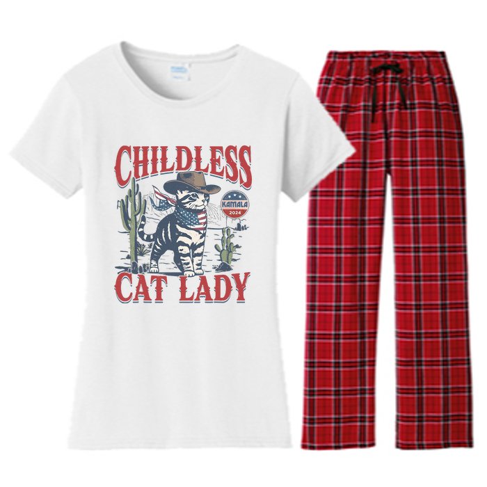 Cowboy Cat Childless Cat Lady For Kamala Election Voting Women's Flannel Pajama Set