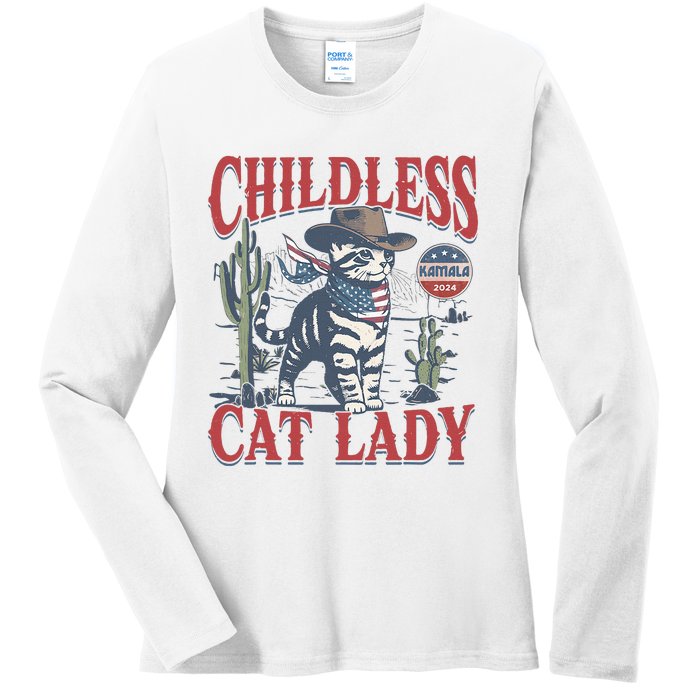 Cowboy Cat Childless Cat Lady For Kamala Election Voting Ladies Long Sleeve Shirt