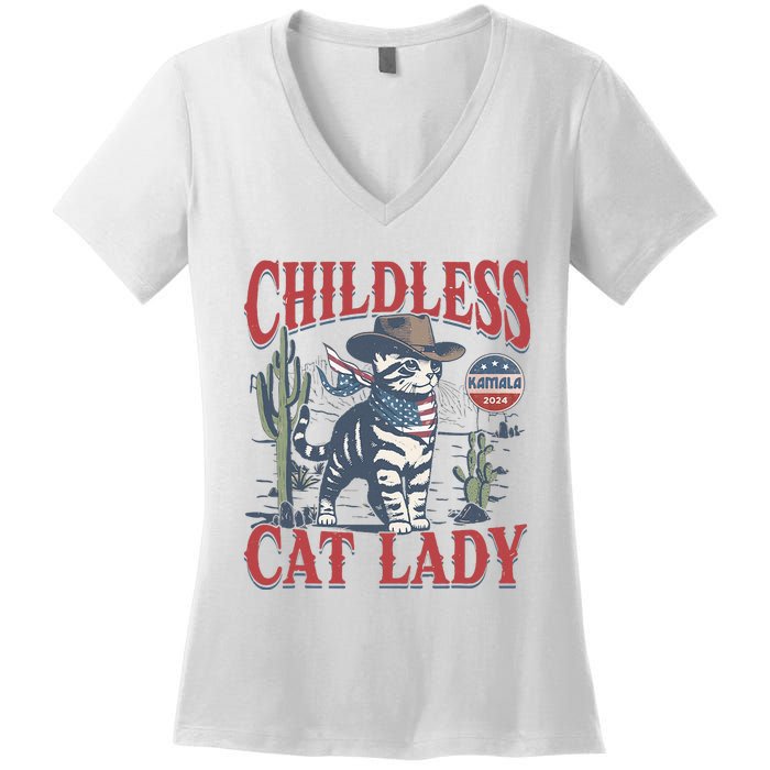 Cowboy Cat Childless Cat Lady For Kamala Election Voting Women's V-Neck T-Shirt