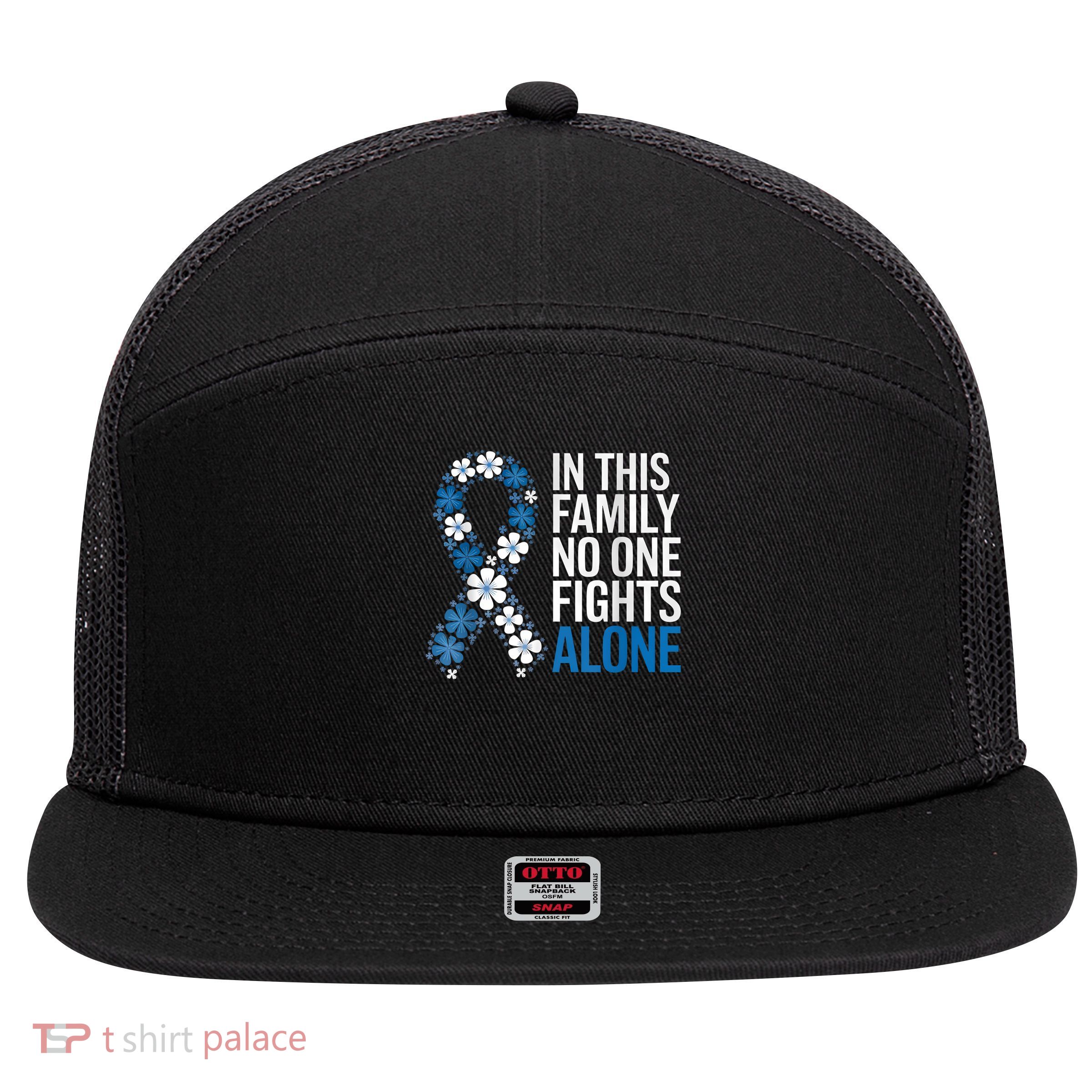 Colorectal Cancer Colon Cancer Blue Ribbon Family Support 7 Panel Mesh Trucker Snapback Hat