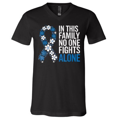 Colorectal Cancer Colon Cancer Blue Ribbon Family Support V-Neck T-Shirt