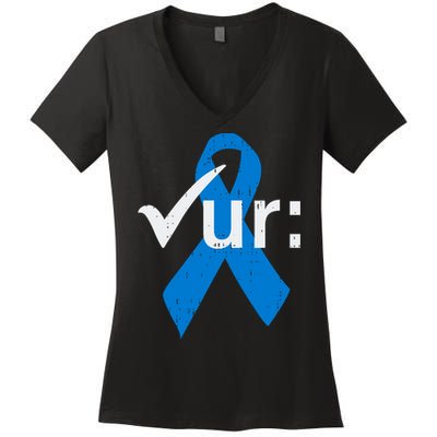 Colorectal Colon Cancer Awareness Blue Ribbon Colonoscopy  Women's V-Neck T-Shirt